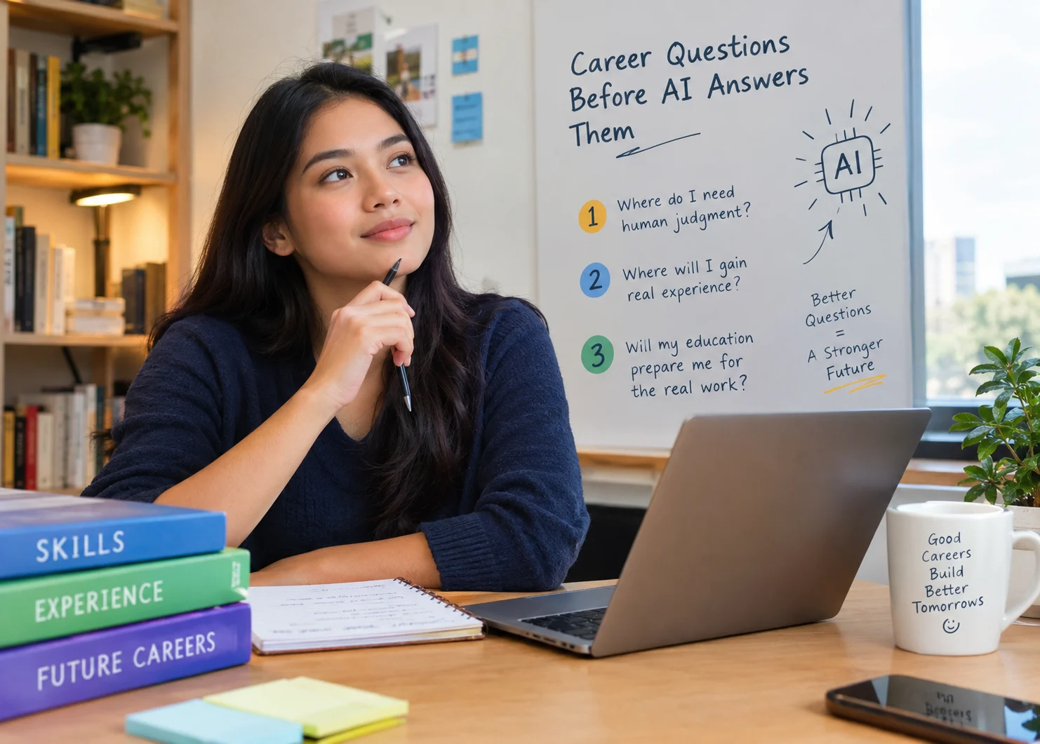 A young professional reflects on career choices at a home workspace, surrounded by books, laptop, and notes, while a board highlights three career questions about human judgment, real-world experience, education, and preparing for an AI-driven future.